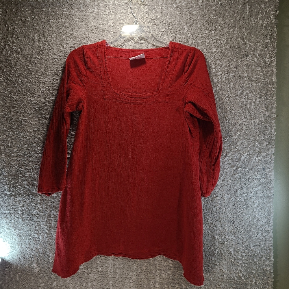 CottonWays Gauze Tunic Top Size 1 Square Neck Long Sleeve Cotton Red